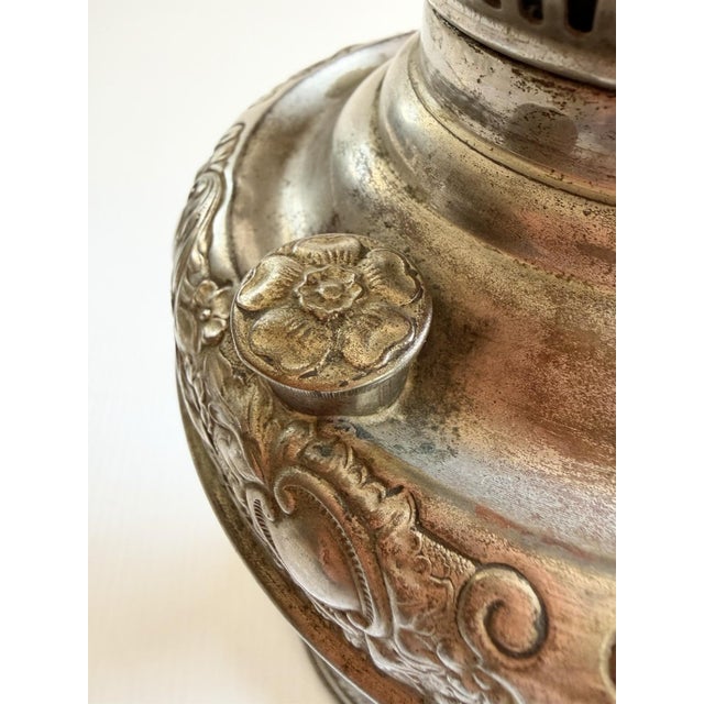 The Meteor Silver Repousse Antique Oil Lamp, Converted to Electric For Sale - Image 12 of 18