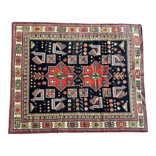 Antique Kazak Rug | Bold Geometric Tribal Design, Navy Field | 5'5"x6'5" For Sale