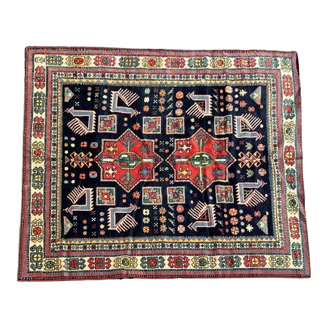 Antique Kazak Rug | Bold Geometric Tribal Design, Navy Field | 5'5"x6'5" For Sale