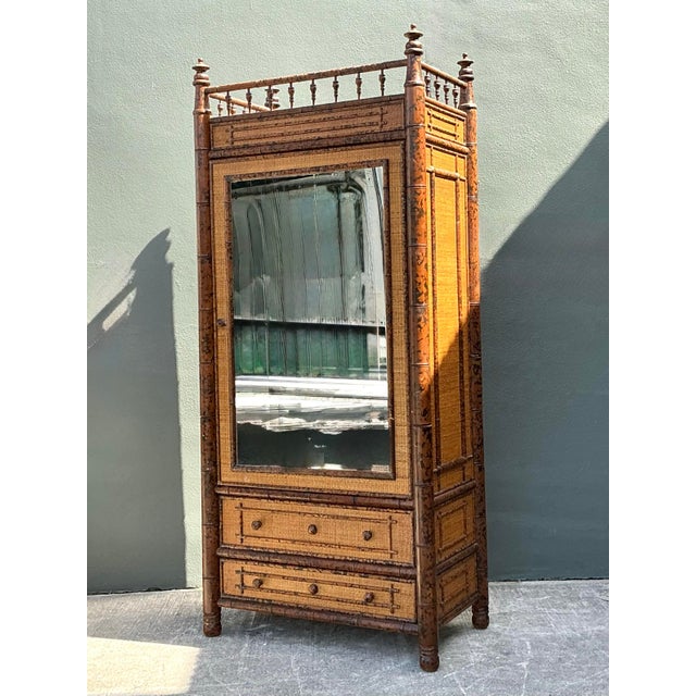 Vintage Tortoise Bamboo Mirror Front Armoire For Sale - Image 11 of 12