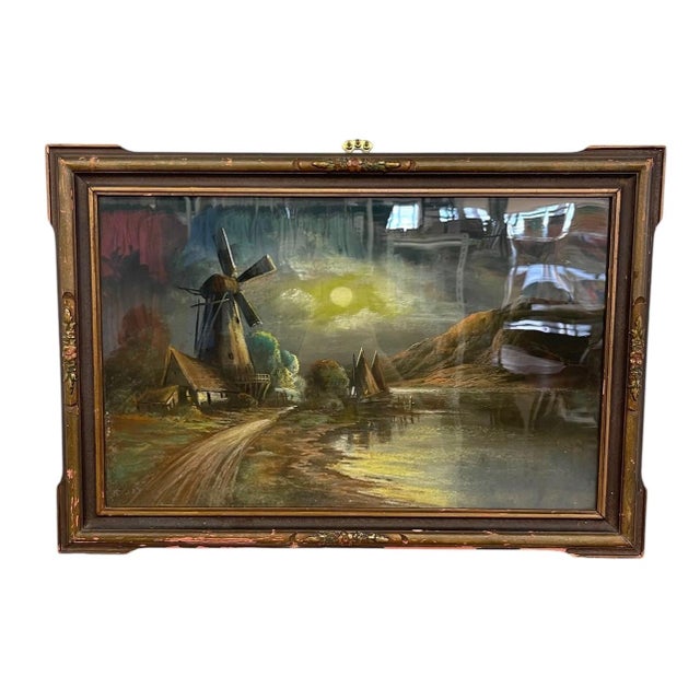 Wood Vintage Framed Moonlit Windmill Landscape Painting With Coastal Harbor Scene. For Sale - Image 7 of 10