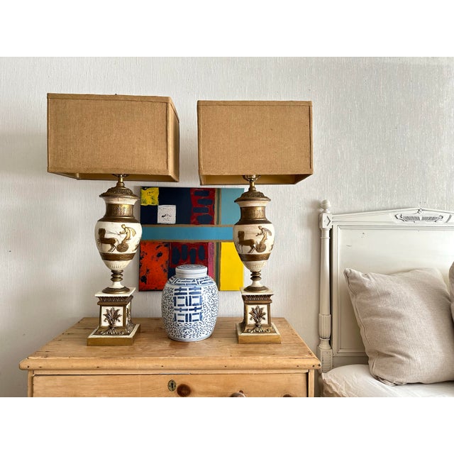 Vintage Ceramic Greek Inspired Lamp Pair With Shades - a Pair For Sale - Image 4 of 11