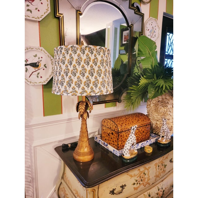 Sculpture Materials Vintage Gold Gilt Serge Roche Style Palm Tree Table Lamp W/Pleated Floral Shade For Sale - Image 7 of 8