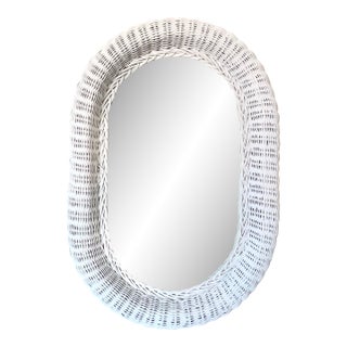 Vintage White Wicker Oval Wall Mirror For Sale