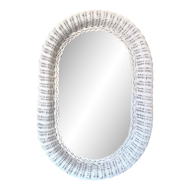 Vintage White Wicker Oval Wall Mirror For Sale