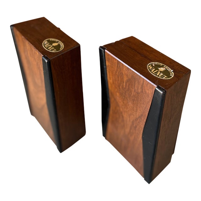 Solid American Walnut Vintage Bookends With Black Accents & Red Felt Bottoms For Sale