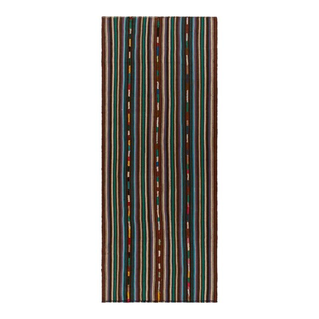 1950s Vintage Chaput Kilim Rug in Beige-Brown, Blue Stripe Gradient Pattern For Sale