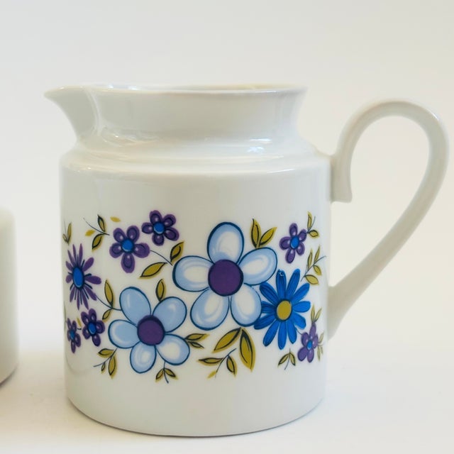 Mid Century Bavarian Porcelain Cream and Sugar With Blue Floral Design - Made by Schumann Porcelain- Arzberg, Germany 1960s For Sale - Image 4 of 11