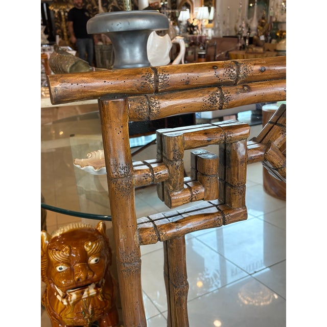 Vintage Palm Beach Coastal Faux Bamboo Pagoda Greek Key Wall Mirror For Sale - Image 4 of 10