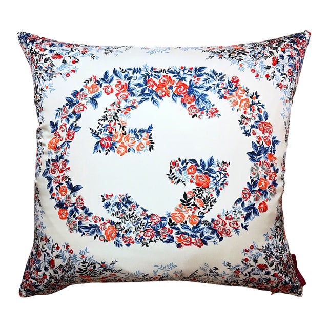 Gucci Logo Bouquet Vintage Silk Scarf Pillow 24" For Sale