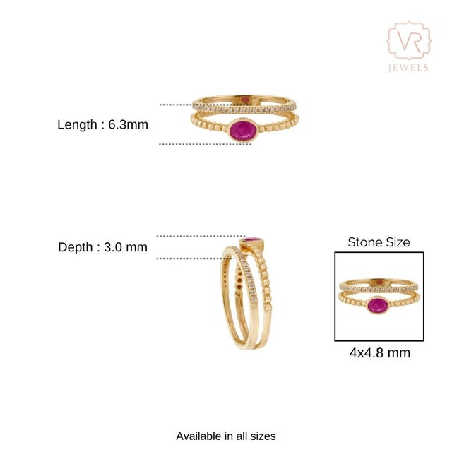 Ruby & Diamond Beaded Double Band Stacking Ring Size 6 Set in 14k Yellow Gold For Sale - Image 12 of 16