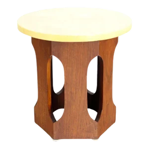 Mid-Century Modern Hexagon Oiled Walnut Base Round Top Side End Table Stand