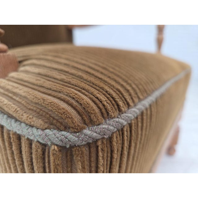 Scandinavian Wingback in Corduroy and Carved Oak, 1970s For Sale - Image 4 of 18