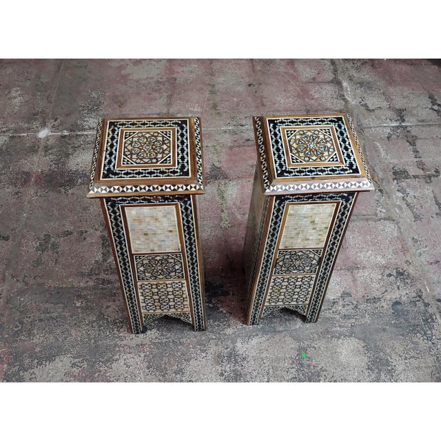 Mid-Century Modern Vintage Syrian "Tower Shaped" Petite Inlaid Stands - a Pair For Sale - Image 3 of 10