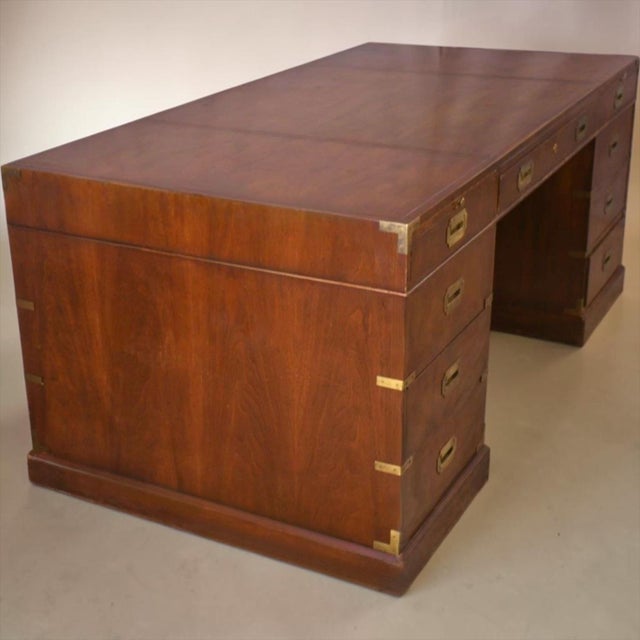 1970s 1970s Baker Furniture Co. Campaign Style Burl Walnut Executive Desk For Sale - Image 5 of 6