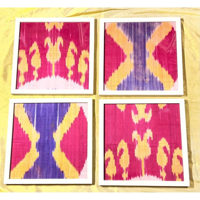 Vibrant Silk Ikat Framed Collection – Bohemian Luxury Textile Art (Set of 4) For Sale - Image 12 of 15