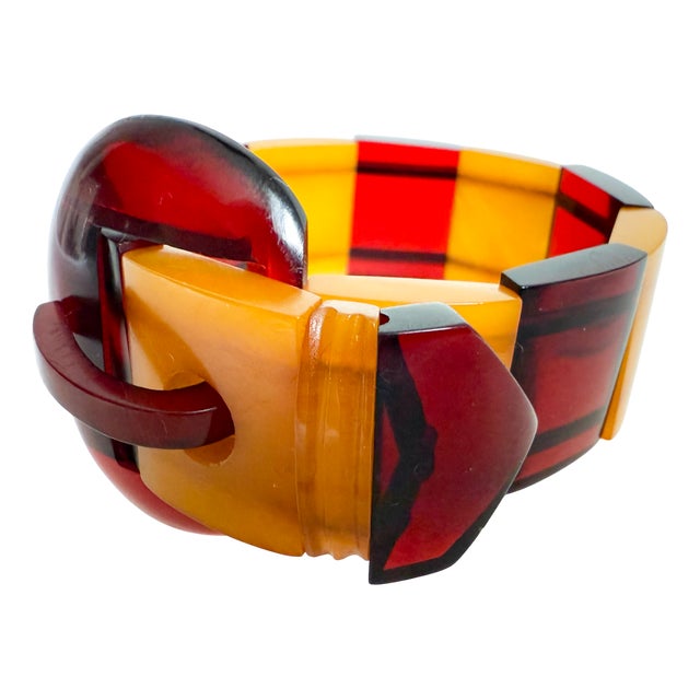 Vintage Art Deco Style Bakelite Catalin Bracelet with Cherry Juice and Butterscotch Panels, 1940s For Sale