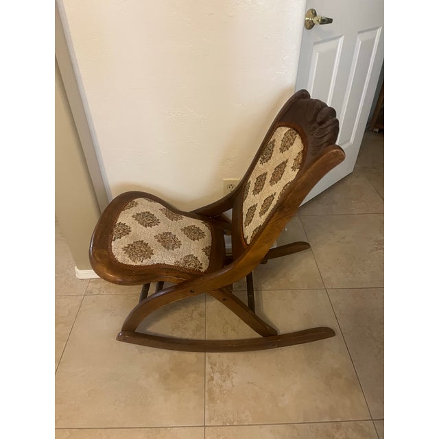 Victorian Vintage Victorian Carved Walnut and Upholstered Folding Rocking Chair For Sale - Image 3 of 12