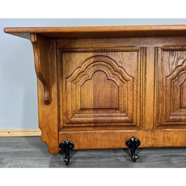 French Vintage Carved Oak Coat Rack with 5 Metal Hooks For Sale - Image 3 of 9