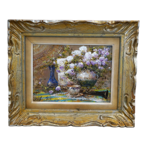 Late 20th Century Lucia Sarto Italian Impressionist Floral Lilacs Clarinet Still Life Oil Painting, Framed