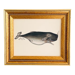 Original Hand-Painted Whale Painting in a Vintage Frame For Sale