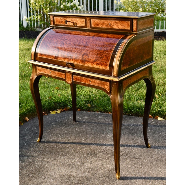 Antique French Walnut Desk Burl Brass Inlay Cylinder Roll Style Bureau Ormolu For Sale - Image 9 of 16
