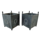 Neoclassical Metal Planters With Laurel Wreath Motif, Pair For Sale