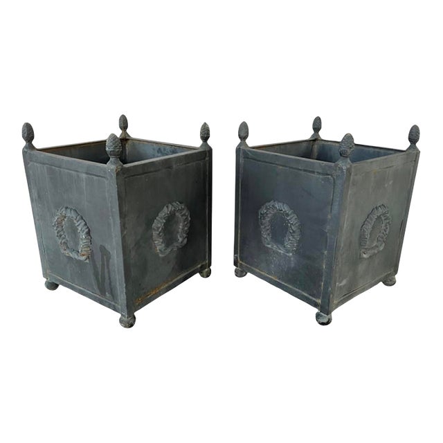 Neoclassical Metal Planters With Laurel Wreath Motif, Pair For Sale