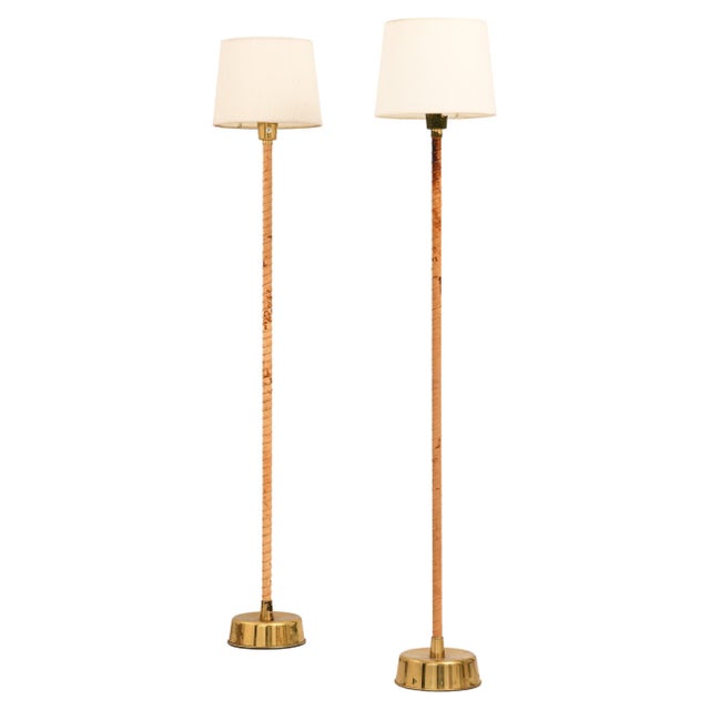 Gold Floor Lamps in Leather, Brass and Lamp Shades attributed to Lisa Johansson-Pape, 1950s, Set of 2 For Sale - Image 8 of 8