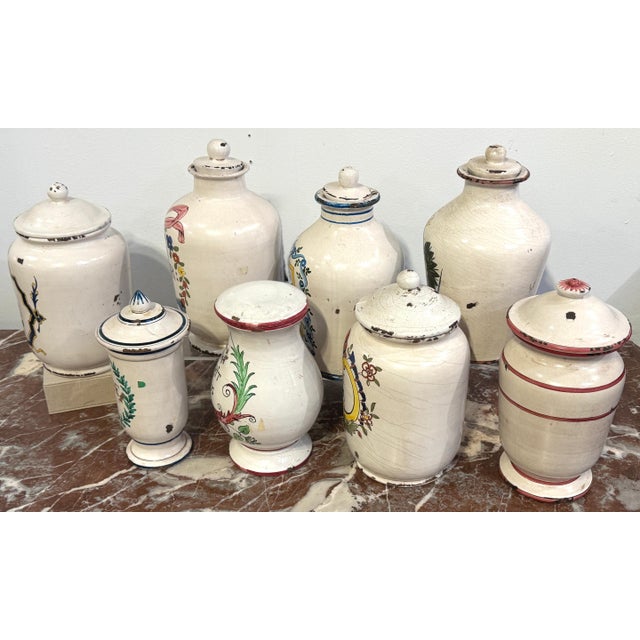 Set of 8 Italian Hand-Painted Apothecary Jars with Lids, Montelupo, Tuscany For Sale - Image 13 of 16