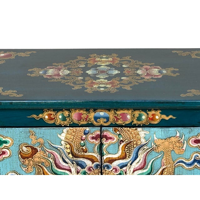 Tibetan Oriental Teal Blue Aqua Dragon Head Graphic End Table Nightstand For Sale In San Francisco - Image 6 of 12