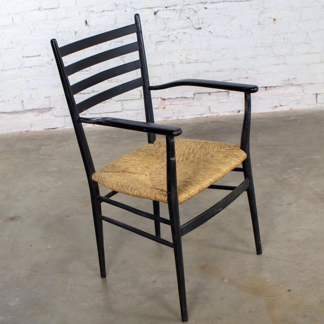 Mid-Century Modern Mid-20th Century Italian MCM Ladderback Armchair Black Frame With Rush Seat Manner of Gio Ponti For Sale - Image 3 of 18