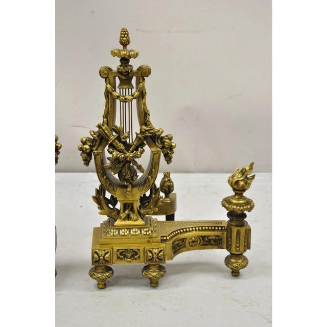French Antique French Empire Neoclassical Bronze Figural Lyre Harp Andirons - A Pair For Sale - Image 3 of 12