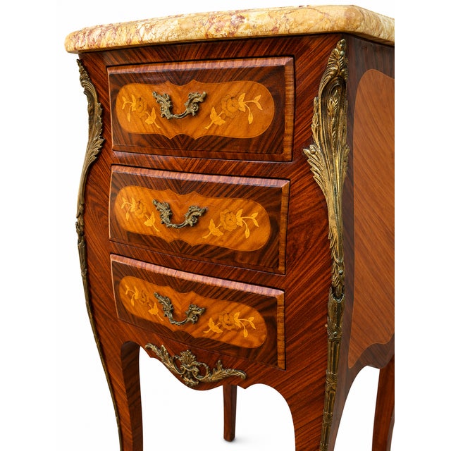 Metal Louis XV Bedside Tables with Floral Marquetry, 1890s, Set of 2 For Sale - Image 7 of 11