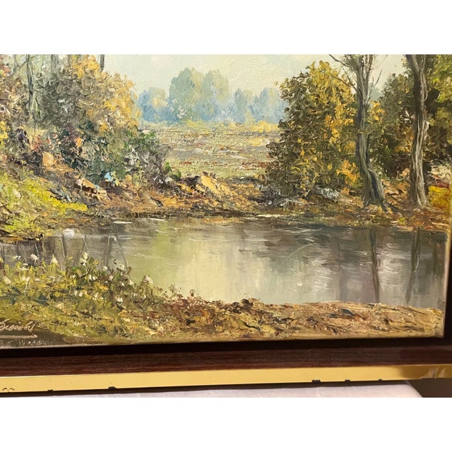 Vintage Original Hans Leich Oil Painting Realism Pond Landscape on Canvas For Sale In New York - Image 6 of 12