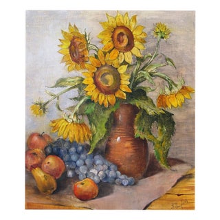 Bernhard Templin, Autumn Still Life with Sunflowers, 1920s, Tempera Painting on Canvas, Framed For Sale