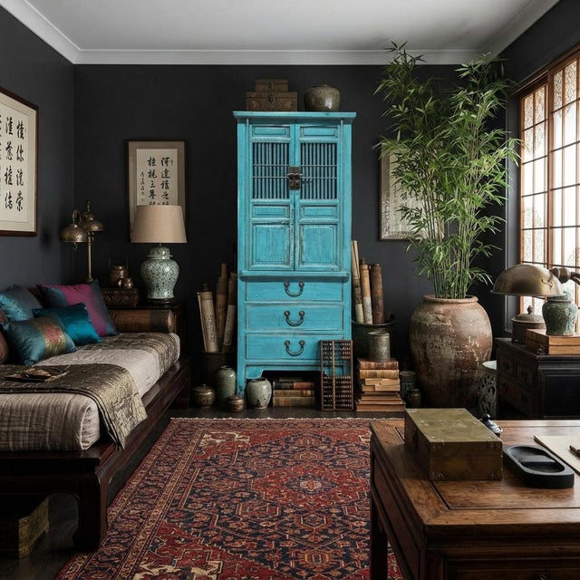 Distressed Aqua Blue Slim Wood Carving Shutter Doors Storage Cabinet For Sale In San Francisco - Image 6 of 8
