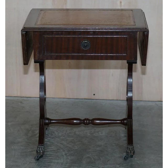 Vintage Brown Leather & Gold Leaf Side Table with Extending Top For Sale - Image 11 of 18