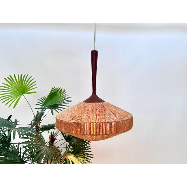 1950s Teak and Sisal Cord Weave Hanging Lamp from Temde Leuchten, Germany, 1950s For Sale - Image 5 of 12