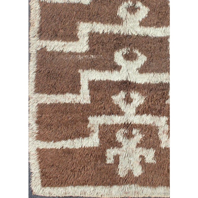 Vintage Mid-Century Modern Turkish Tulu With Tribal Pattern in Ice Blue and Brown Rug For Sale - Image 10 of 13