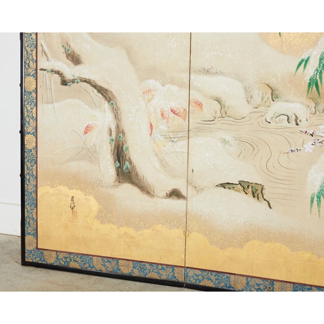 Wood Japanese Showa Four Panel Screen Snowy Winter Landscape For Sale - Image 7 of 12
