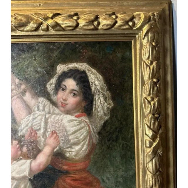Victorian Antique Victorian French Continental Gilt Framed Genre Scene Oil Painting Mother & Child Picking Grapes For Sale - Image 3 of 9