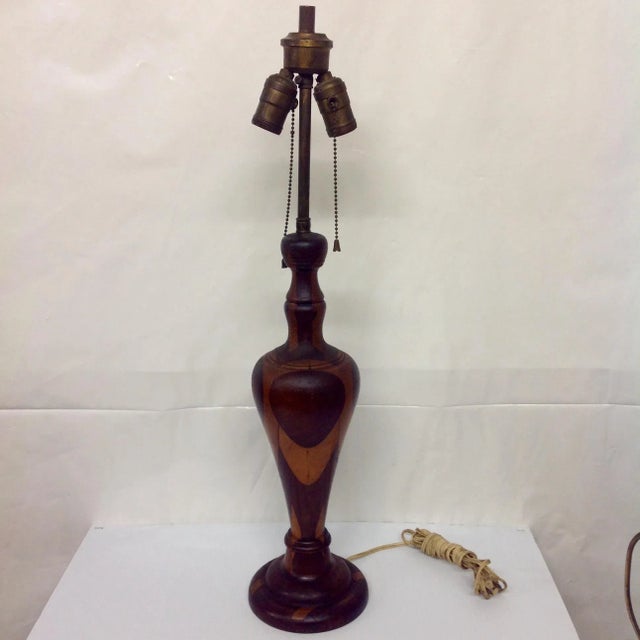 Antique Marquetry Style Hand Turned Wood Lamp. Unusual lamp made by piecing together three different types of wood in...