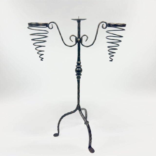 Hand Forged Iron Candelabra 26.5″ (67cm) Sculptural Spiral Single Candle Stand Antique Finish For Sale - Image 11 of 11
