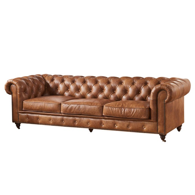 2020s Duplicate Crafters and Weavers Century Light Brown Leather Chesterfield Sofa For Sale - Image 5 of 5