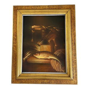 1990s Original Still Life With Fish Oil Painting in Antique Frame