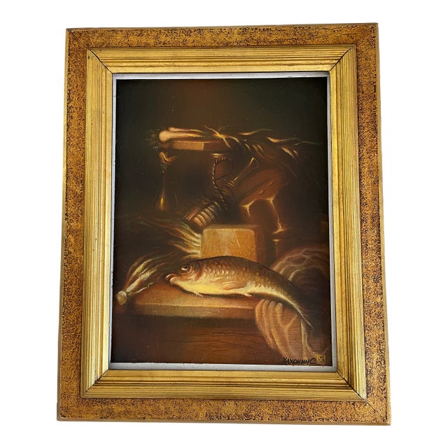 1990s Original Still Life With Fish Trout Oil Painting in Antique Frame For Sale