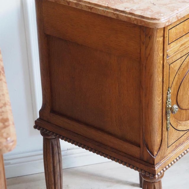 Brown Antique Louis XVI Style Bedside Tables in Oak and Marble, 1920, Set of 2 For Sale - Image 8 of 17