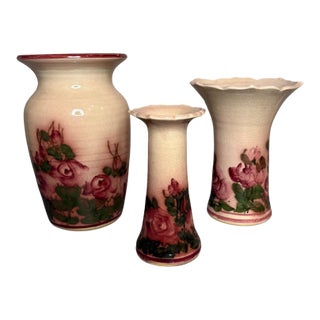 Vintage Hand-Painted Rose Motif Studio Pottery Vases — Set of 3, Signed Artist Mark Mj For Sale