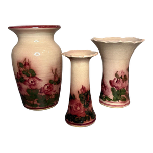 Vintage Hand-Painted Rose Motif Studio Pottery Vases — Set of 3, Signed Artist Mark Mj